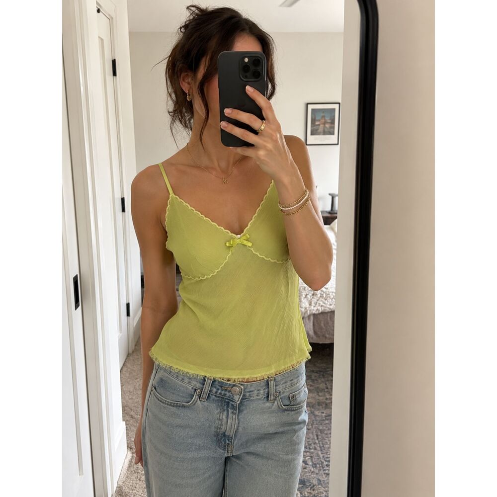 Ivy & Annabelle Sheer Lace Trim Cami Tank Y2K Coquette Lime Green L
